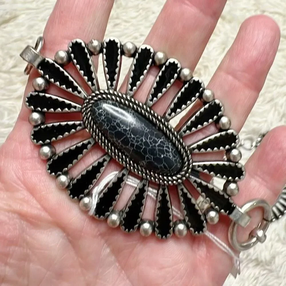 Western Concho Belt Black Stone Chain Belt Silver